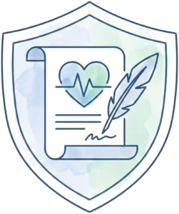 Shield holding a health document with a heartbeat and quill - advance healthcare directive / living will.