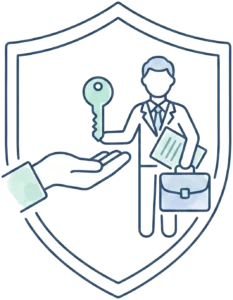 Shield with an advisor handing over a key - trusted estate-planning advisor / partner.