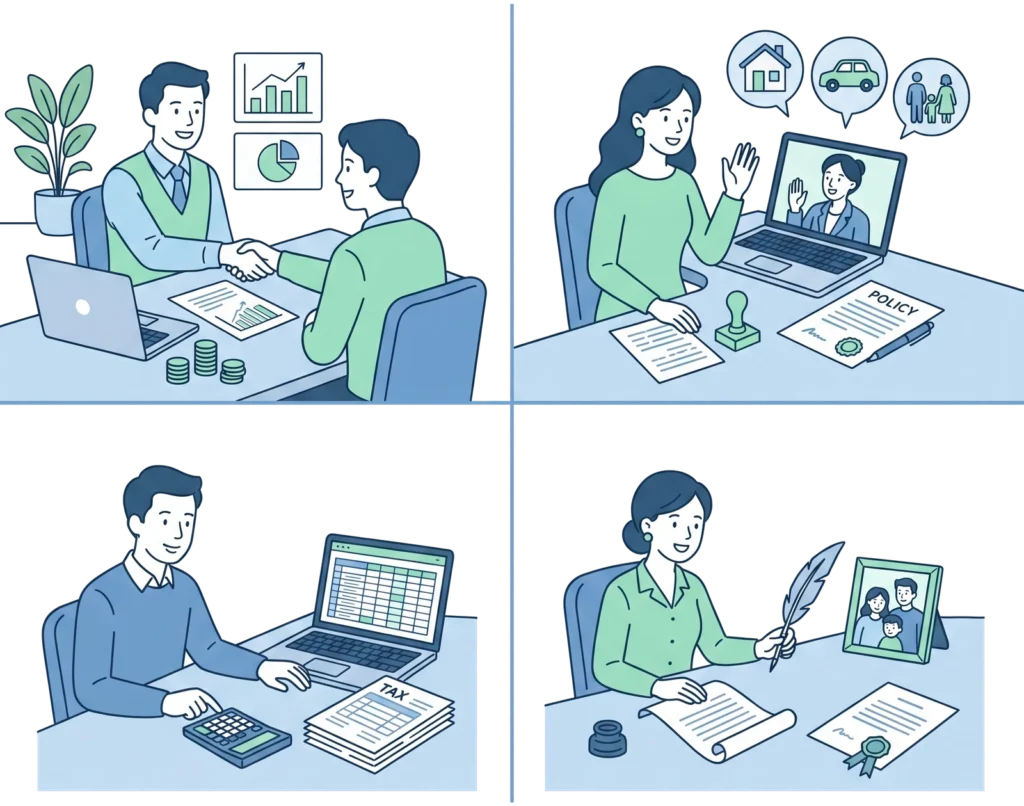 Four-panel overview of the estate-planning process and services.