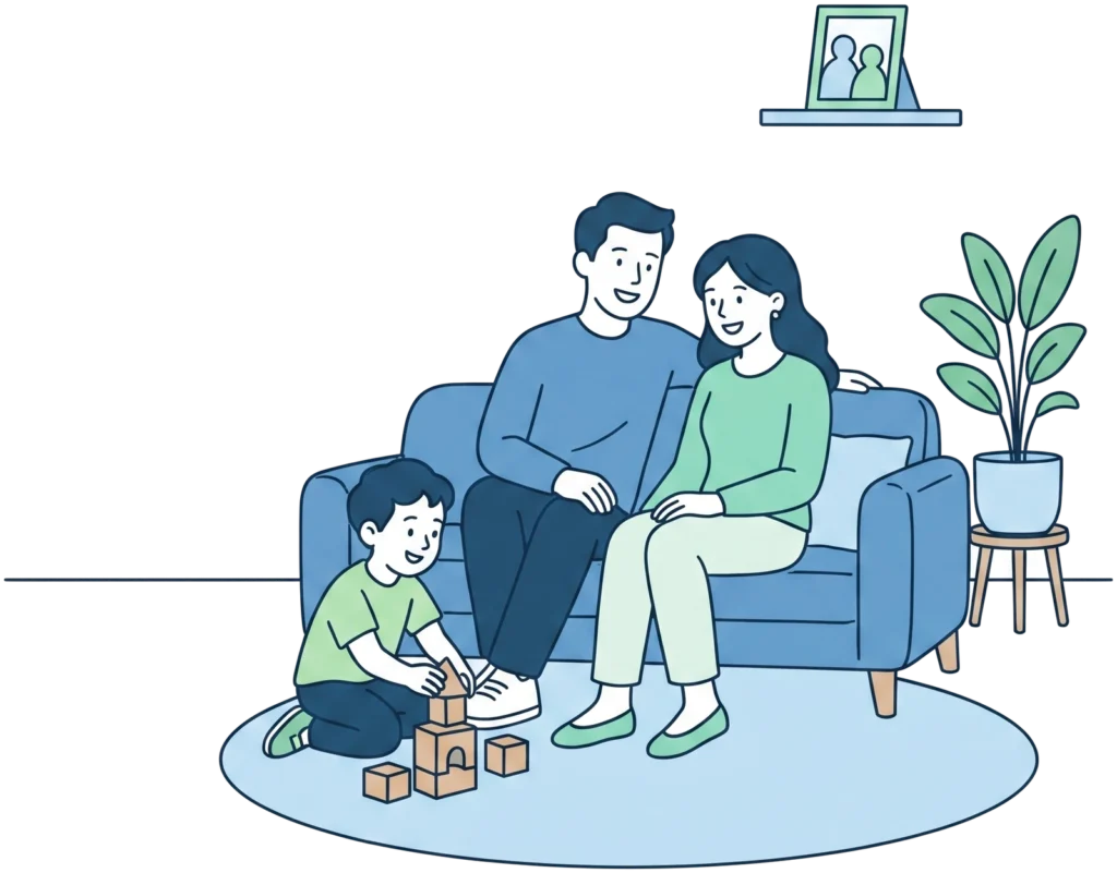 Family relaxing at home with a child, protected legacy at home.