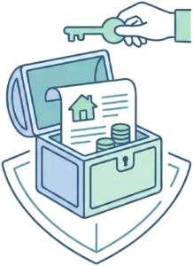 Hand placing a key into a shielded vault holding a house deed and coins - funding/securing assets.