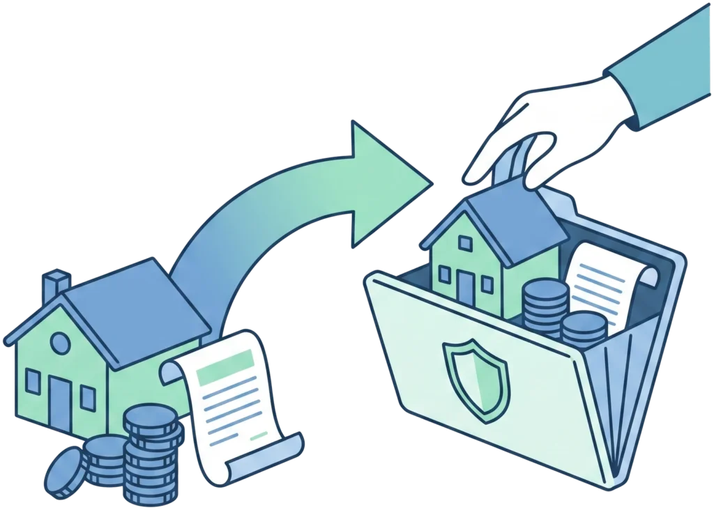 Hand moving a house document into a secure vault with coins - funding a trust.