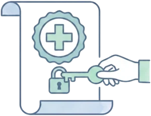 Scroll with a medical-cross seal, key and padlock - HIPAA medical authorization / access.