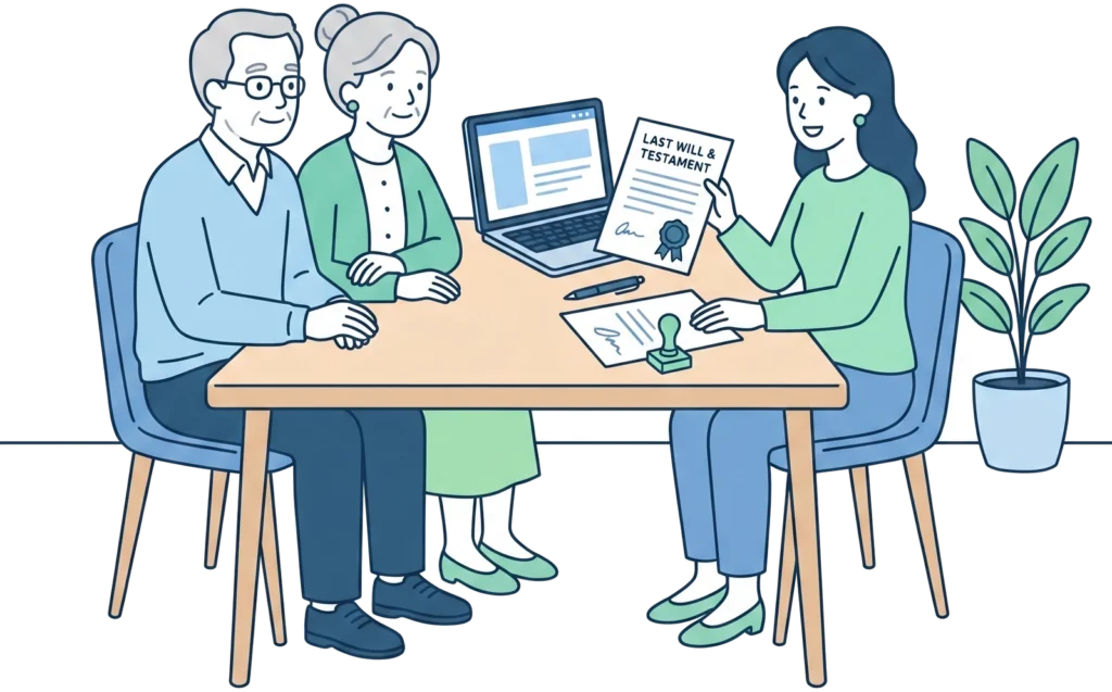 Family at a table with a Last Will & Testament document and a notary stamp.