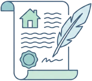 Scroll with a house, wax seal and quill - will / property deed signing.