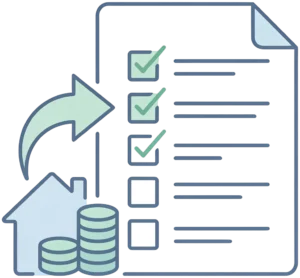 Checklist document with a house, coins and a transfer arrow - schedule of assets.