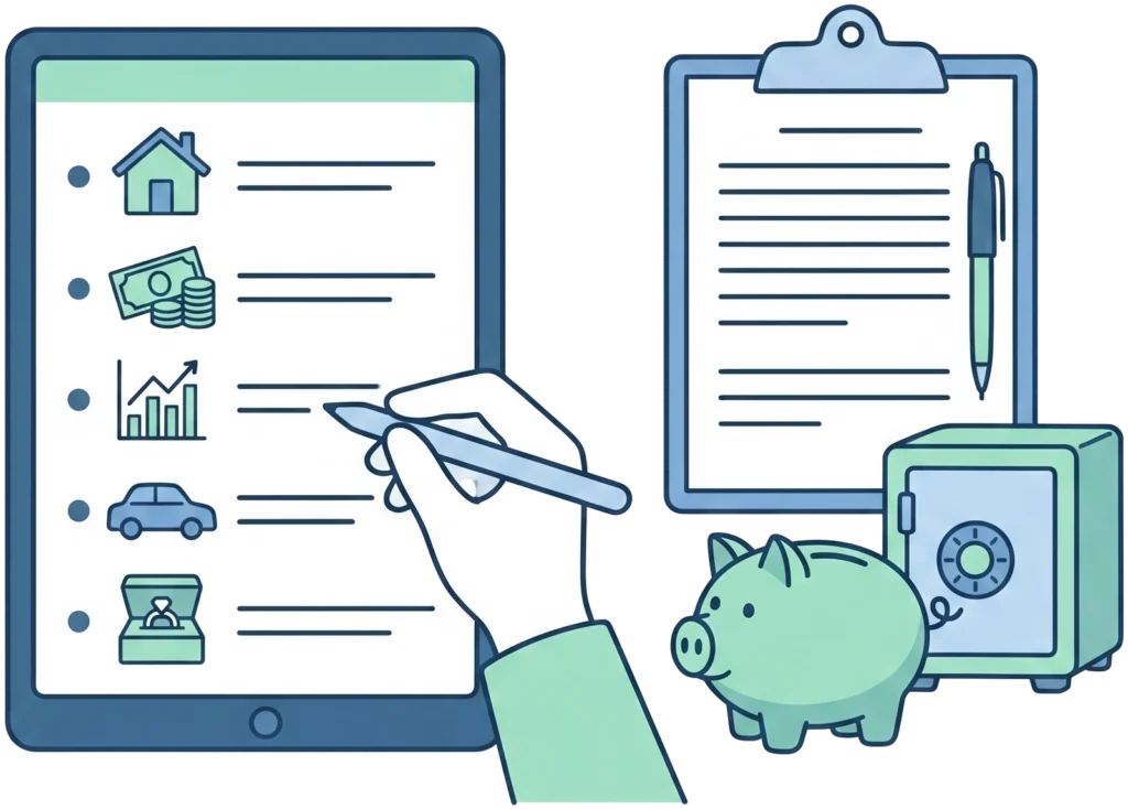 Tablet checklist of home, money and car with a piggy bank and safe - schedule of assets.