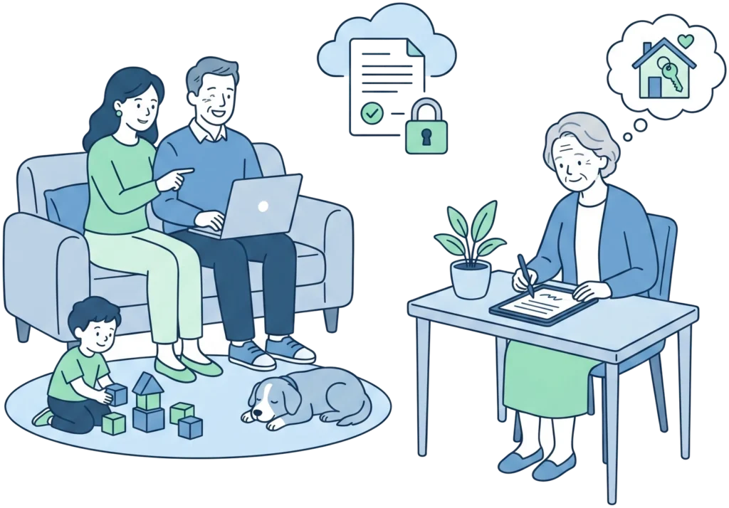 Family with an advisor, a locked cloud document and a home in mind - secure planning.