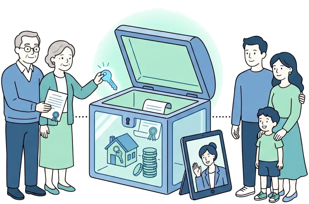 Family with keys and an open vault holding a home, coins and a photo - secure legacy archive.