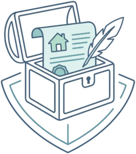 Open vault holding a signed house document with a quill and seal - secure will storage.