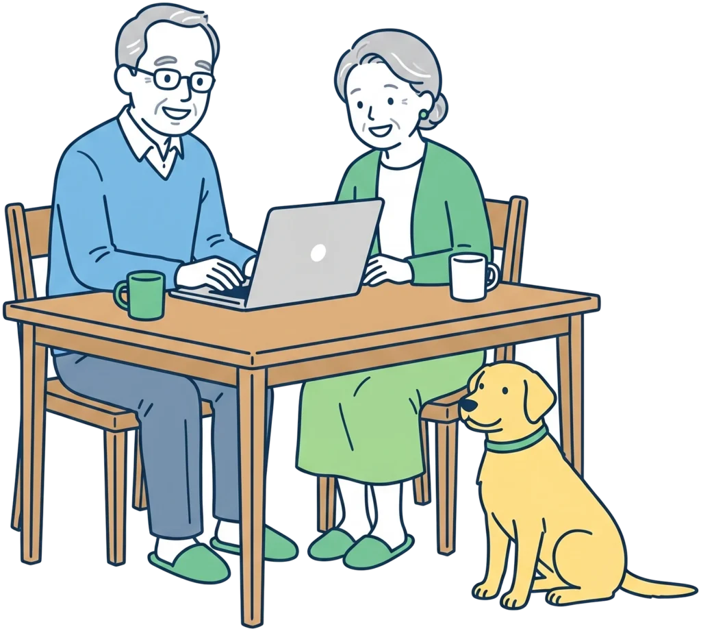 Senior couple at a laptop with their dog, creating documents online.