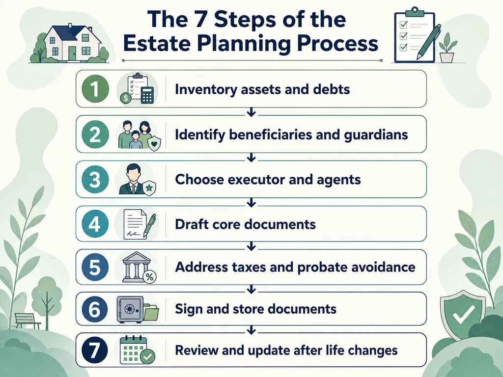 Flowchart diagram of the seven steps in the estate planning process from inventory to review