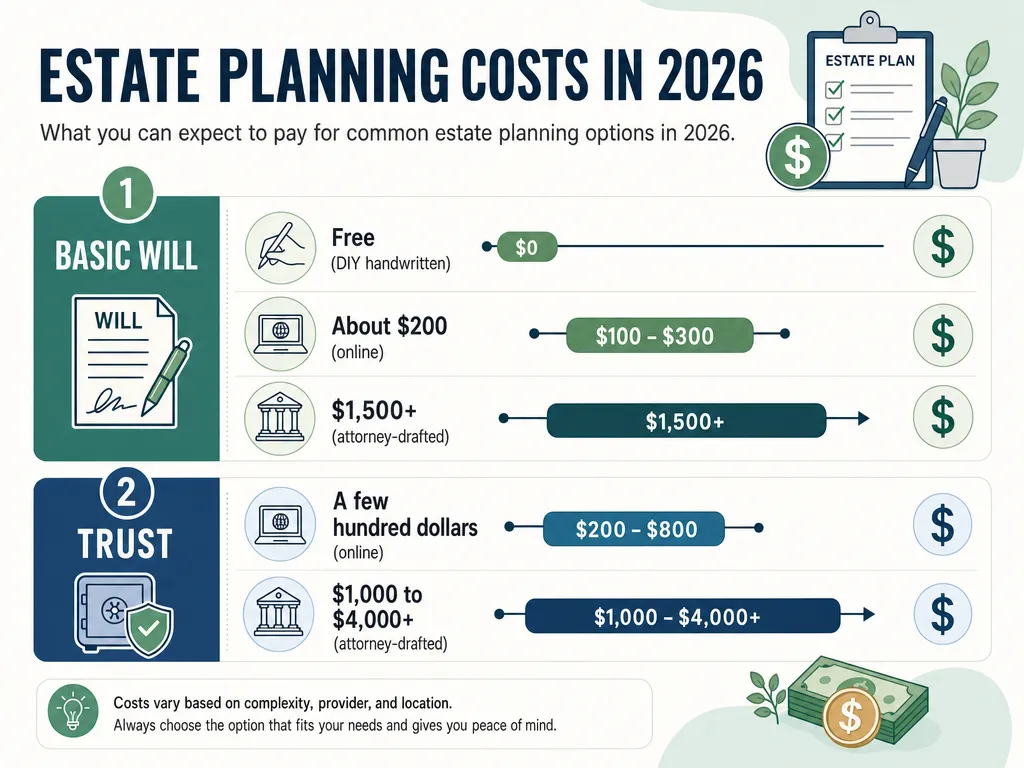 Infographic comparing estate planning costs in 2026 for basic wills and trusts across DIY, online, and attorney options