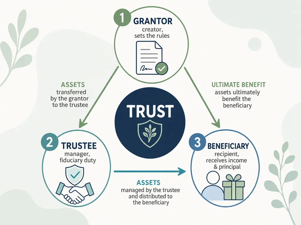 Diagram showing the three parties of a trust: grantor, trustee, and beneficiary and how assets flow between them
