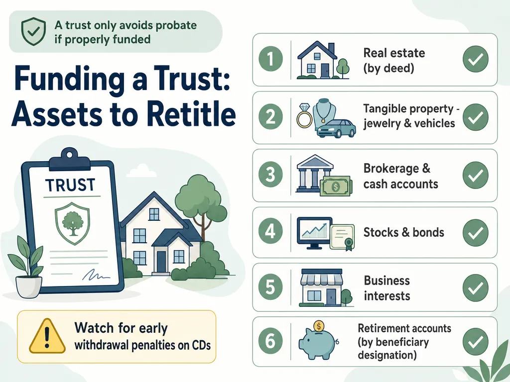 Checklist infographic of assets to retitle when properly funding a trust, including real estate, accounts, and business interests