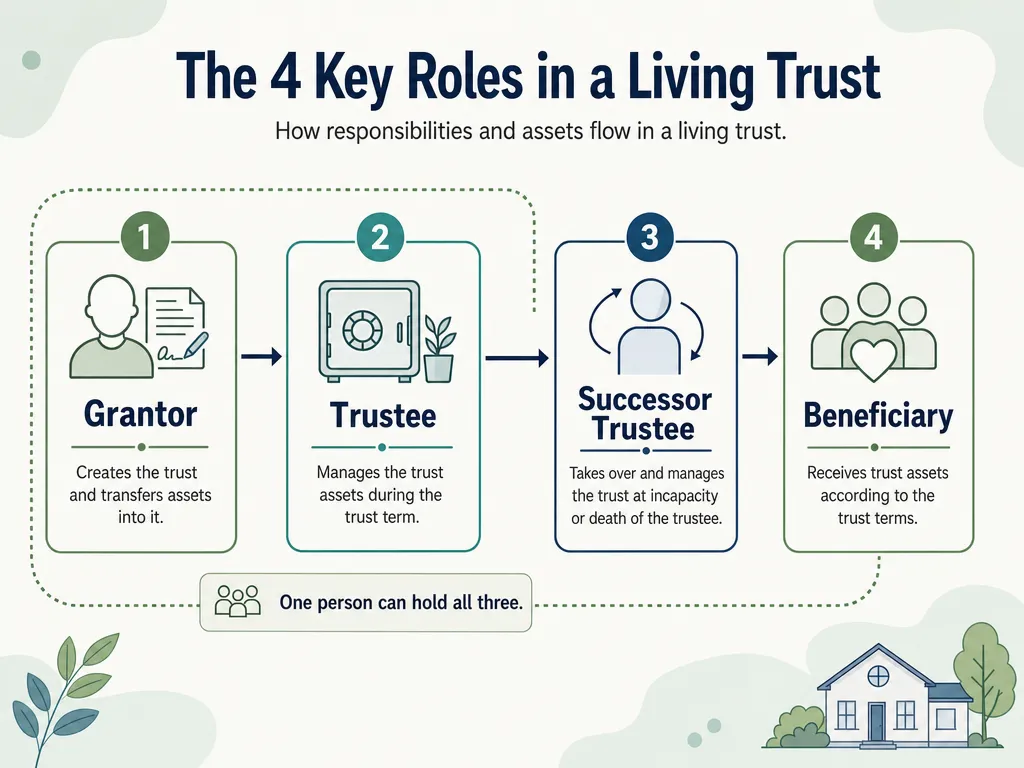Diagram of the four roles in a living trust: grantor, trustee, successor trustee and beneficiary