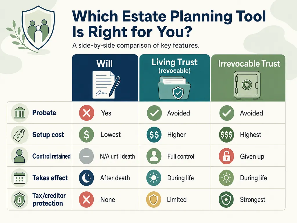 Comparison infographic of will versus revocable living trust versus irrevocable trust across probate, cost, control, timing and protection
