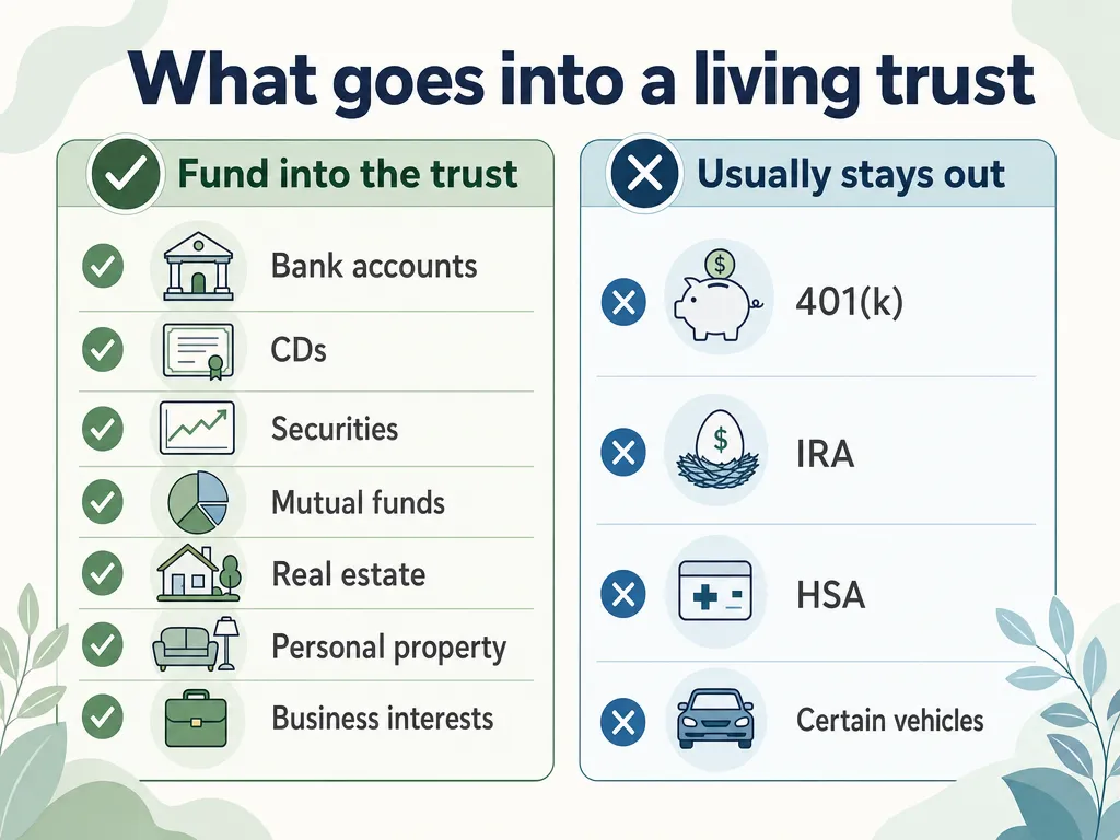 Two-panel infographic showing which assets to fund into a living trust versus assets that usually stay out