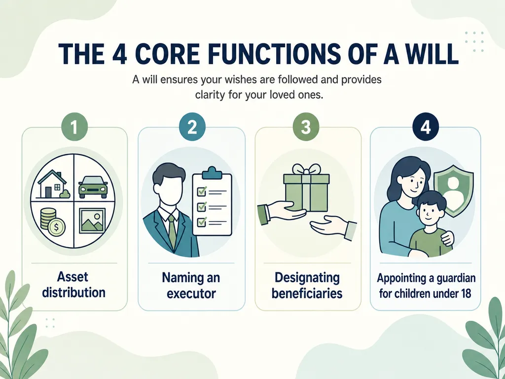 Infographic showing the four main functions of a will: asset distribution, executor, beneficiaries, and guardian