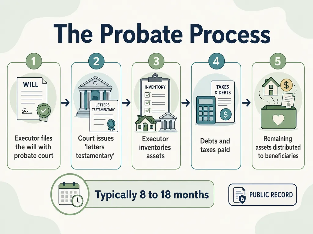Flowchart of the probate process from filing the will to distributing assets, taking 8 to 18 months