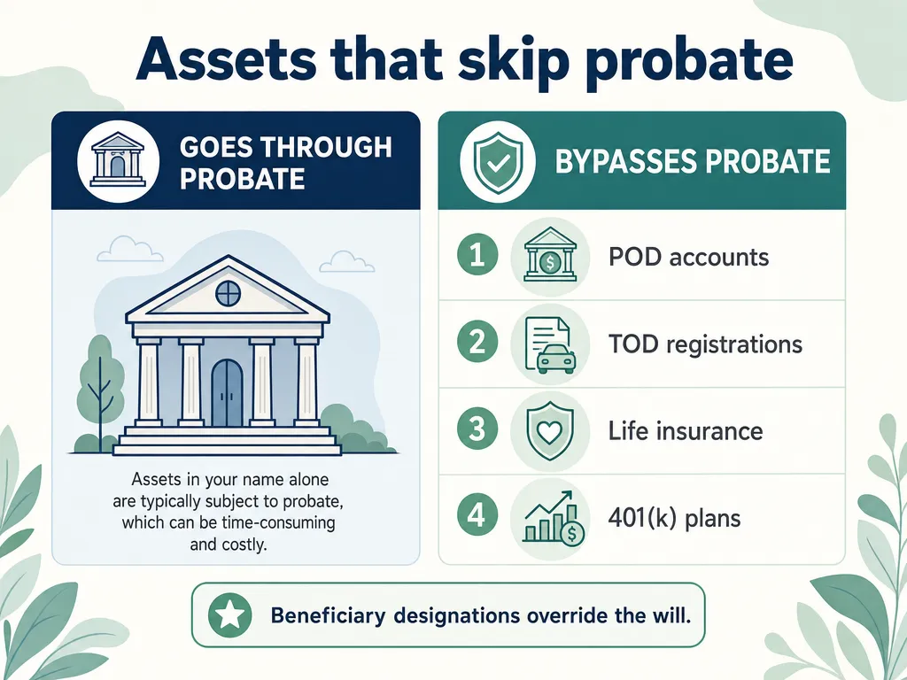Infographic comparing assets that go through probate versus those that bypass it, such as POD, TOD, life insurance, and 401(k)