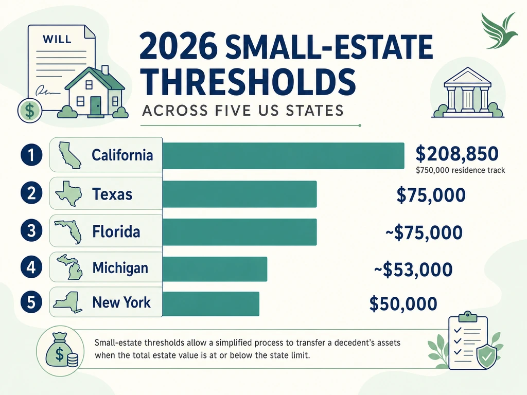 Bar chart comparing 2026 small estate affidavit thresholds in California, Texas, Florida, Michigan, and New York