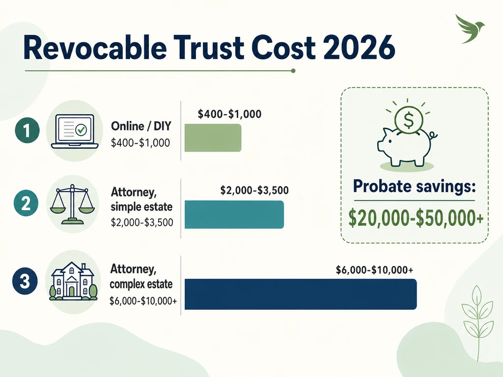 Bar chart comparing revocable living trust costs in 2026 across DIY, simple attorney, and complex attorney options against probate savings
