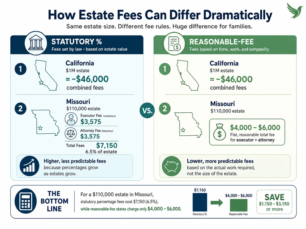 Comparison infographic showing statutory percentage-fee state costs versus reasonable-fee state costs on identical estates
