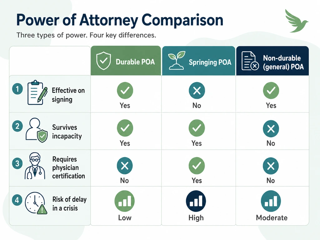 Comparison table of durable, springing, and non-durable power of attorney across effectiveness, incapacity survival, physician certification, and crisis delay