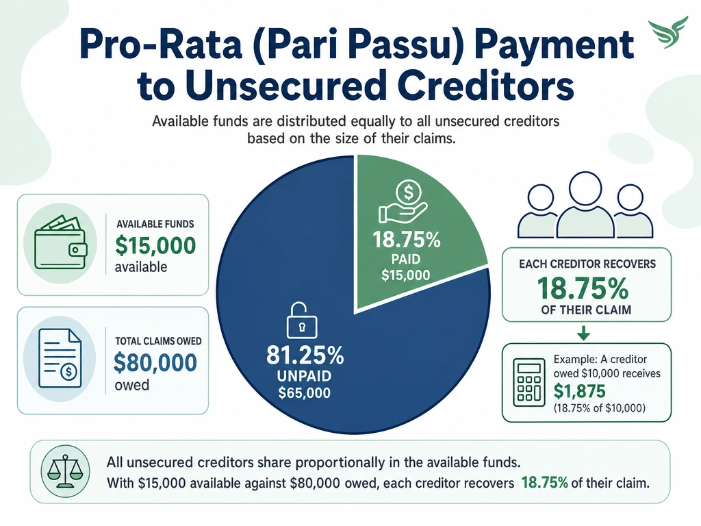 Data visualization showing pro-rata recovery where $15,000 available against $80,000 owed yields 18.75% for each equal-rank unsecured creditor
