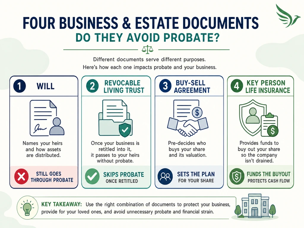 Diagram of four documents that keep a business out of probate: will, revocable living trust, buy-sell agreement, and life insurance, each with its distinct role