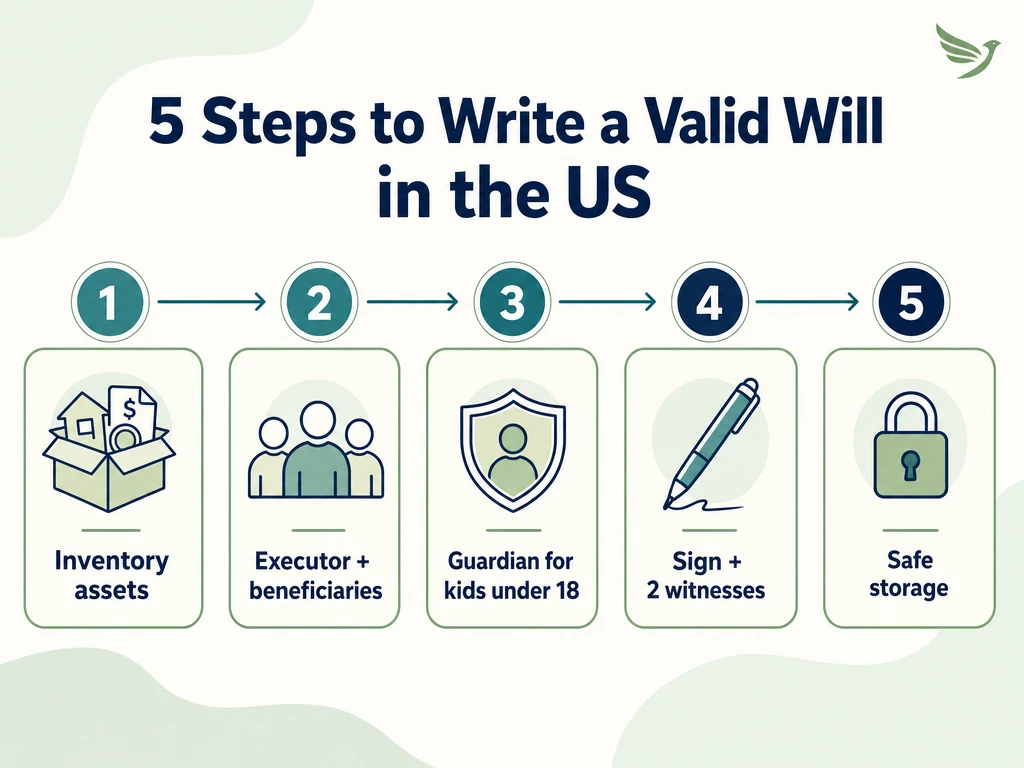 Diagram of the 5 steps to a valid will in the US: asset inventory, executor, guardian, signing before witnesses, storage
