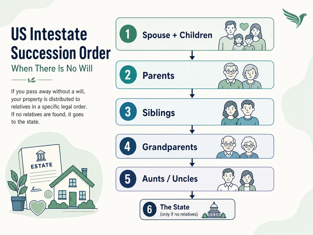 Diagram of the US intestate succession order: from spouse and children to extended family and the state