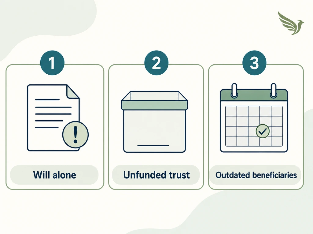 Diagram of three common estate planning mistakes: relying on a will, an unfunded trust, and stale beneficiary designations