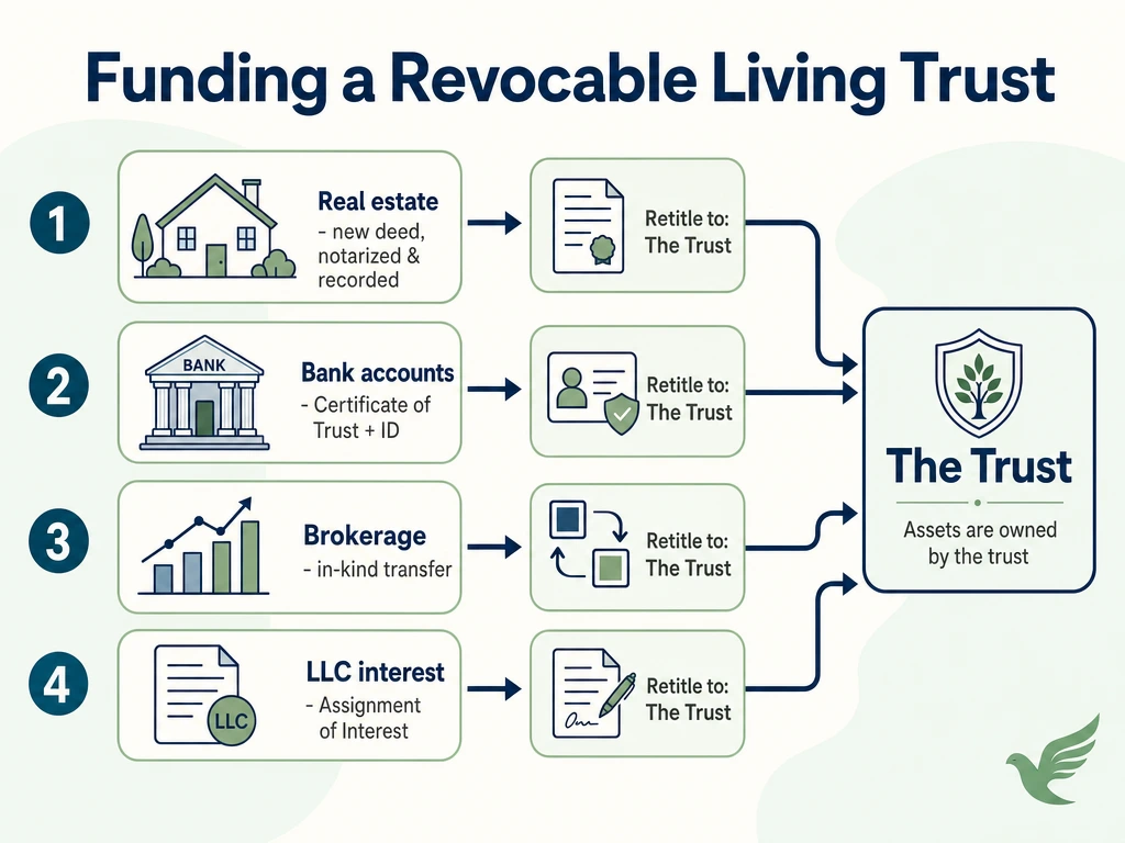 Diagram showing four asset types being retitled into a revocable living trust: real estate, bank accounts, brokerage, and LLC interests