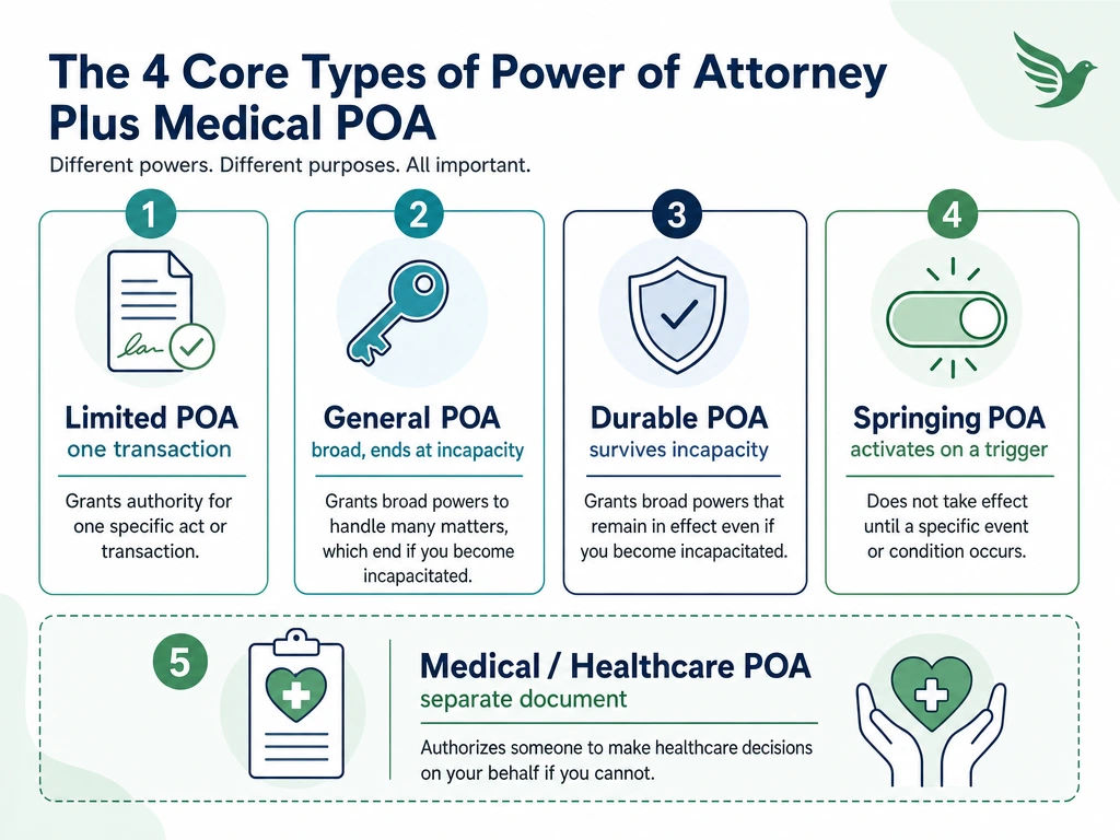Diagram showing the four types of power of attorney (limited, general, durable, springing) plus a separate medical/healthcare POA