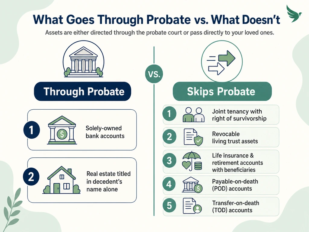 Diagram splitting probate assets from non-probate assets that pass directly to heirs outside court
