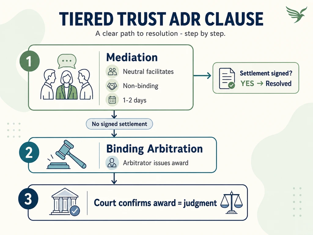 Flowchart of a tiered med-arb trust clause moving from mediation to binding arbitration to court confirmation