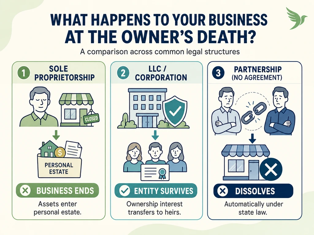 Infographic comparing how a sole proprietorship, LLC/corporation, and partnership are affected when the business owner dies