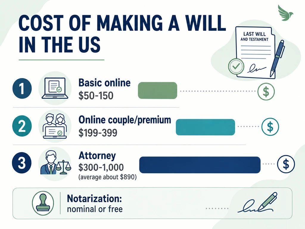 Infographic comparing the cost of making a will online and with an attorney, in USD