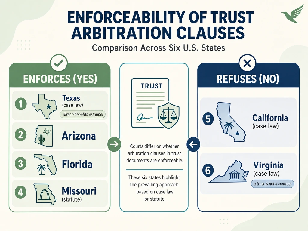 Infographic comparing US states that enforce versus refuse trust arbitration clauses against nonsignatory beneficiaries
