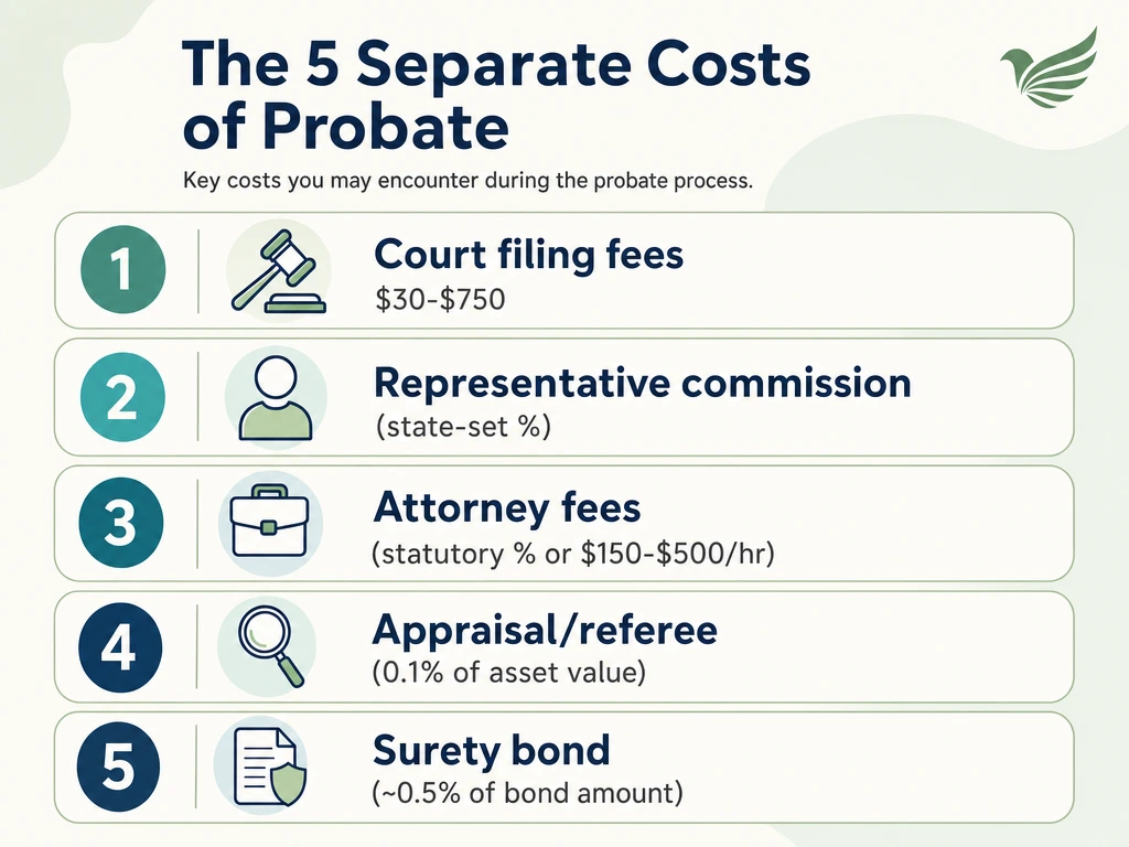 Infographic listing the five probate cost line items: court filing fees, representative commission, attorney fees, appraisal/referee, and surety bond