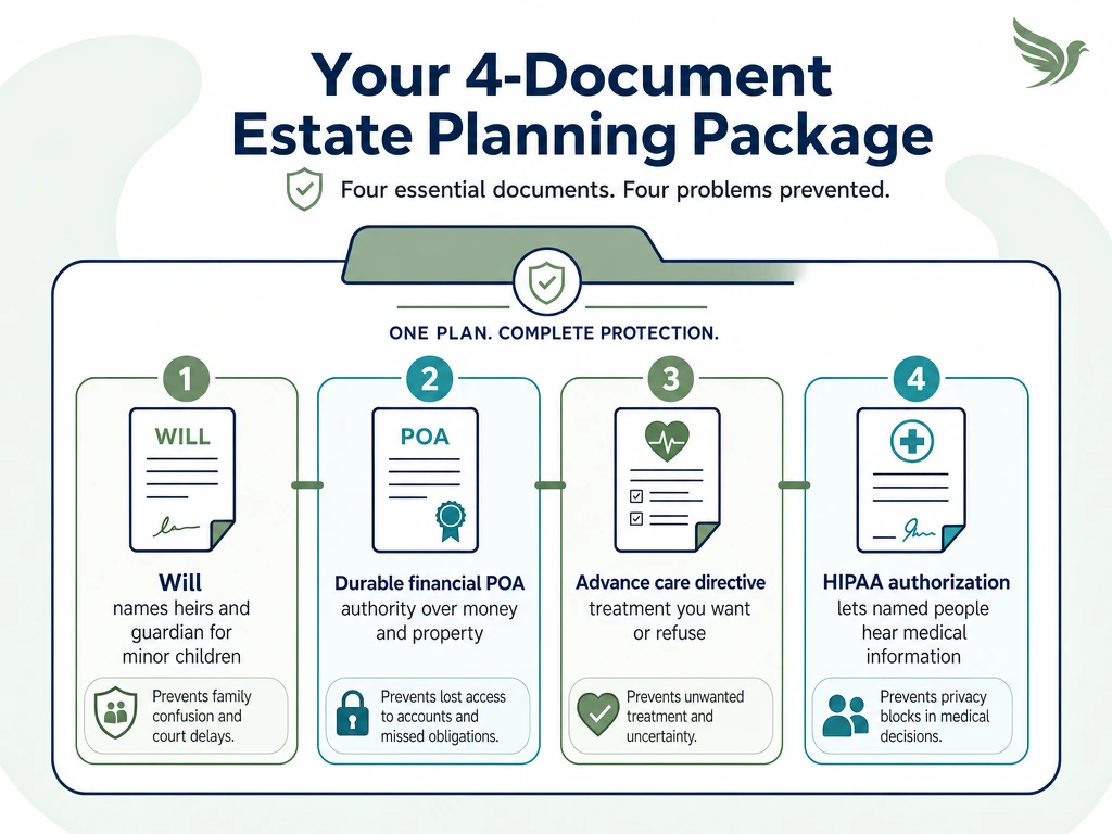 Infographic of the four-document estate plan: will, durable financial POA, advance care directive, and HIPAA authorization, each with the problem it prevents
