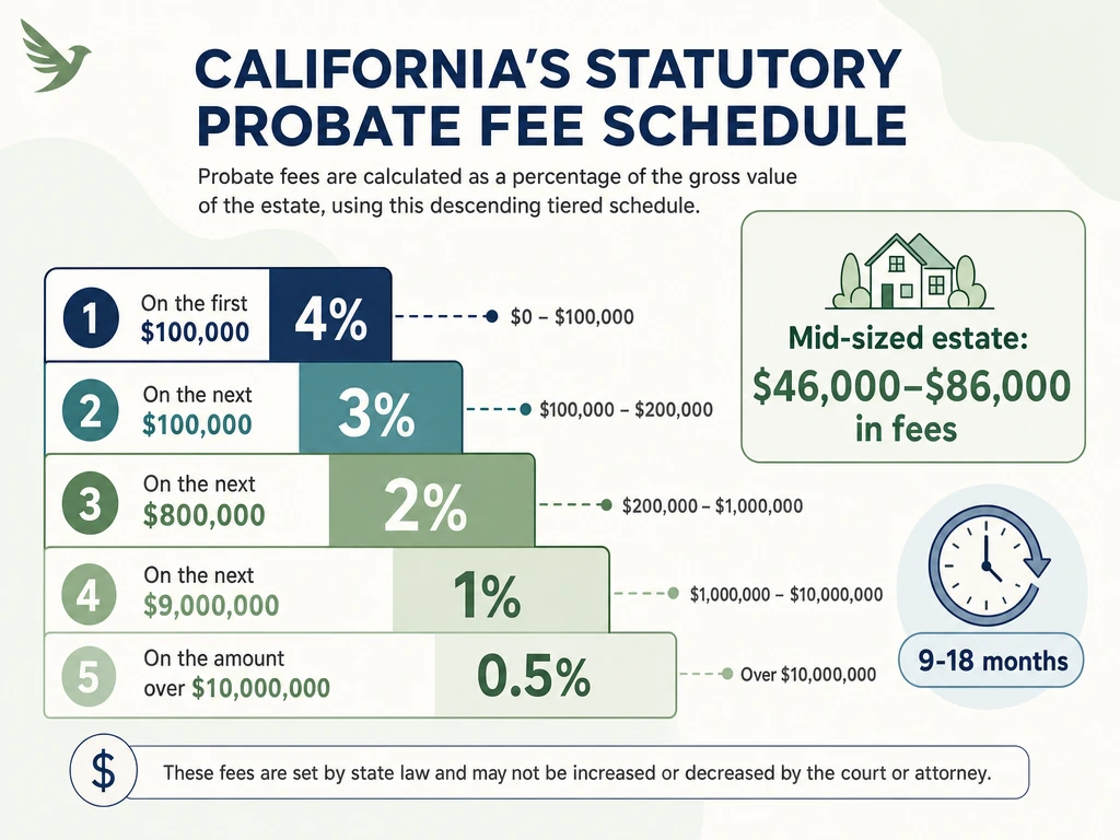 Infographic showing California statutory probate fee tiers and typical $46,000-$86,000 cost for a mid-sized estate