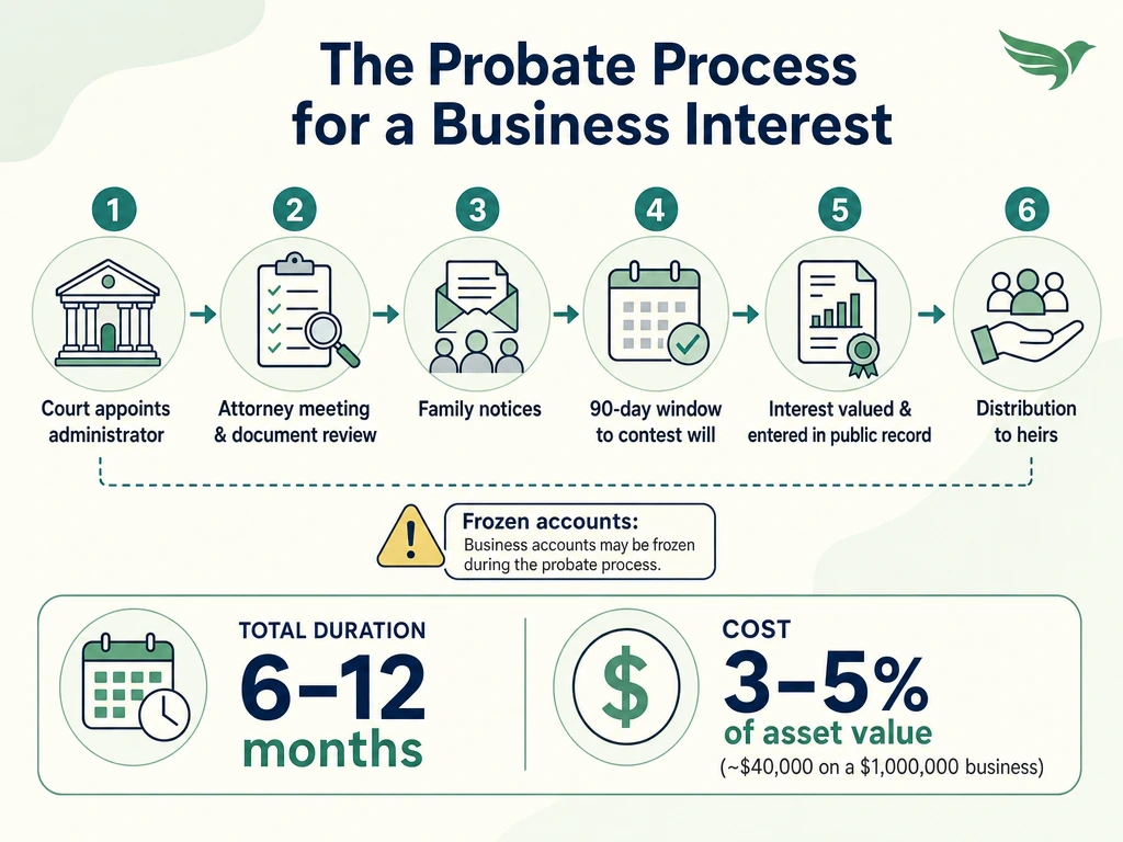 Infographic showing probate timeline of 6 to 12 months and costs of 3 to 5 percent, about $40,000 on a $1 million business interest