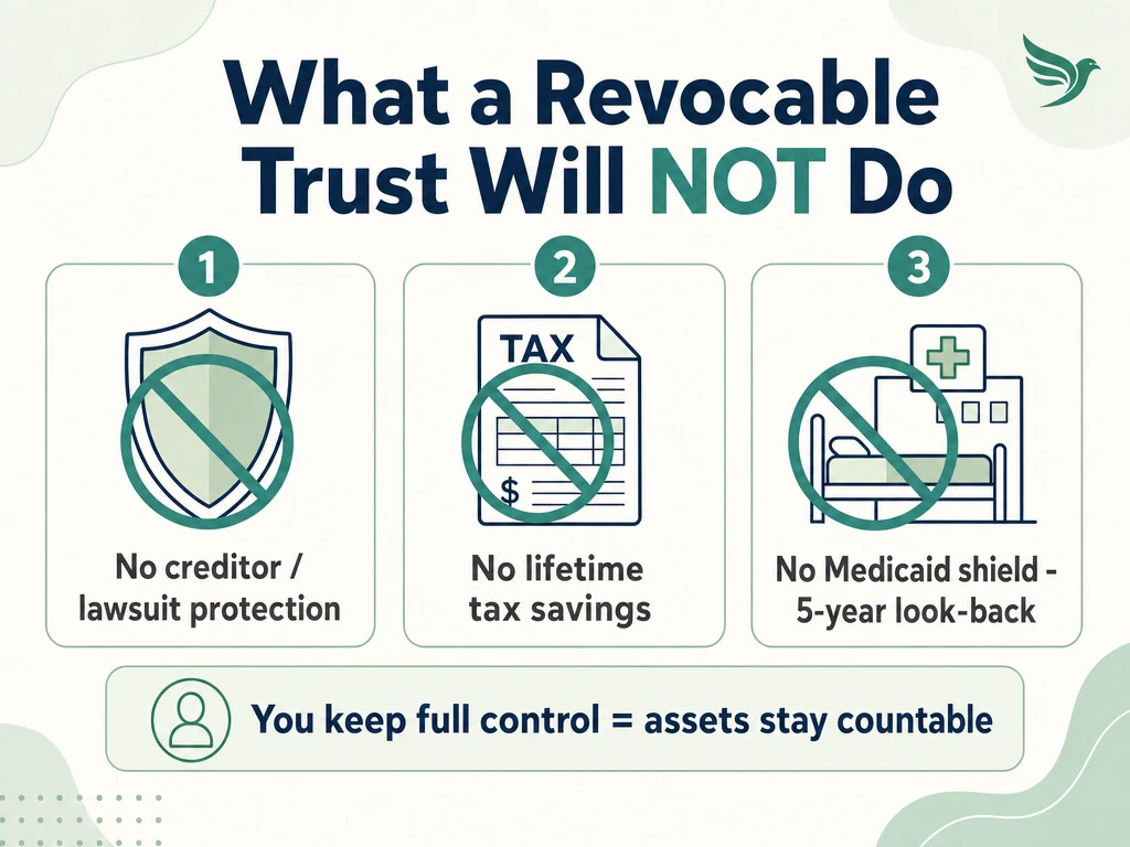 Infographic showing three things a revocable living trust does not do: no creditor protection, no tax savings, no Medicaid shield