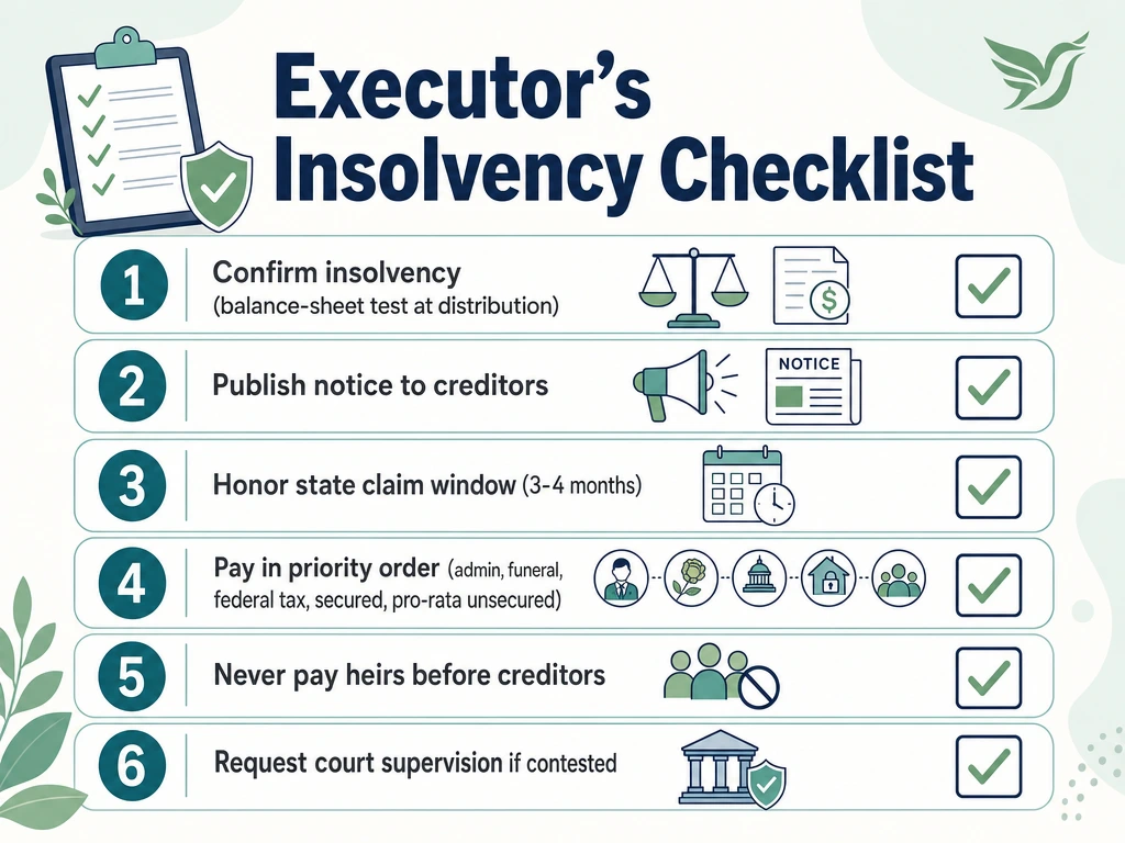Visual checklist of six sequential decisions an executor must make to avoid personal liability in an insolvent estate