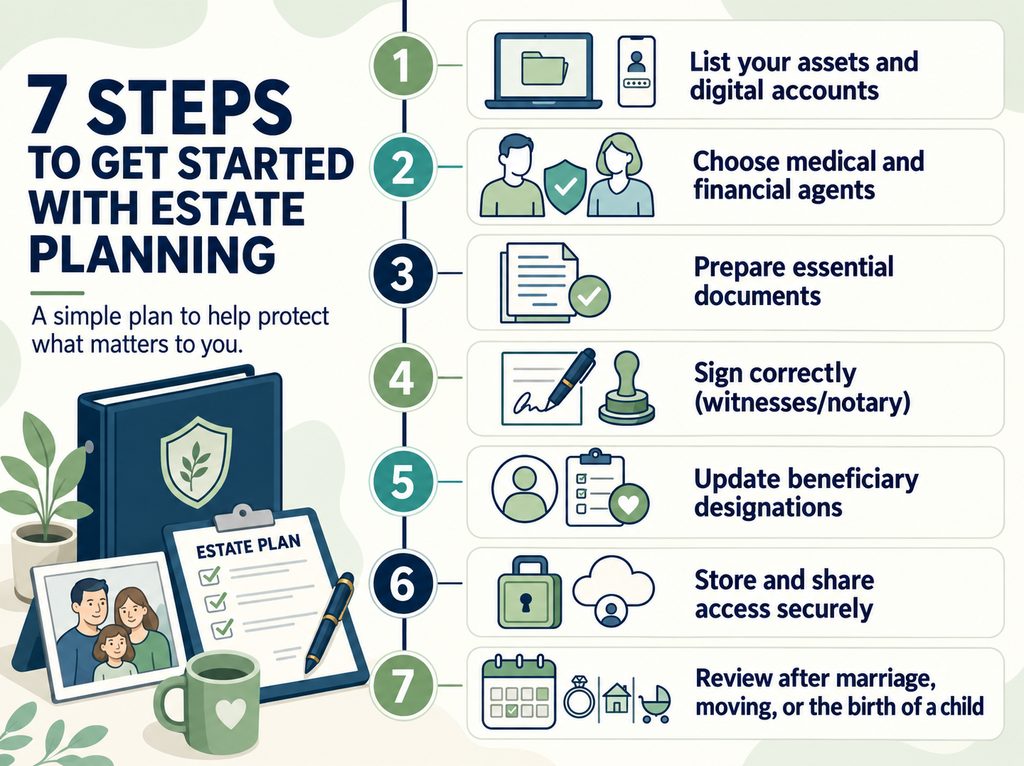 Diagram Illustrating the Seven Steps to Getting Started with Estate Planning, from Asset Inventory to Plan Review