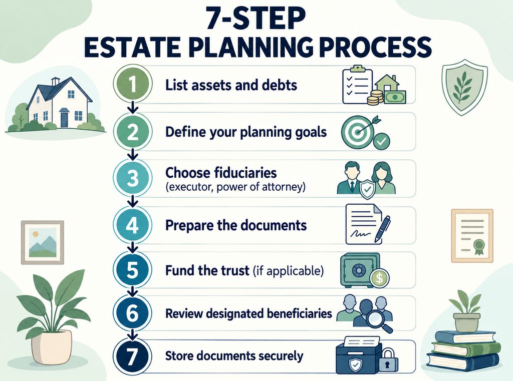 Diagram illustrating the seven-step estate planning process, from listing assets and debts to securely storing documents.