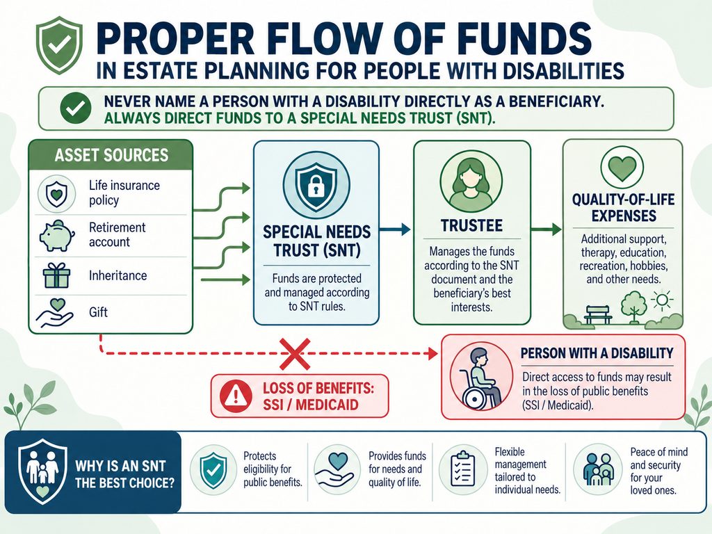 Flowchart illustrating how life insurance policies, retirement accounts, and inheritances are directed to a special needs trust rather than directly to a person with a disability.